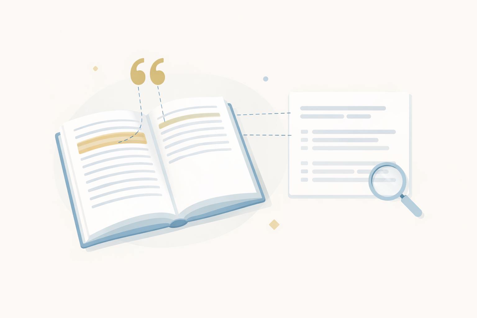 Ilustração de um livro acadêmico aberto com aspas flutuando acima, conectadas a um cartão de lista de referências bibliográficas