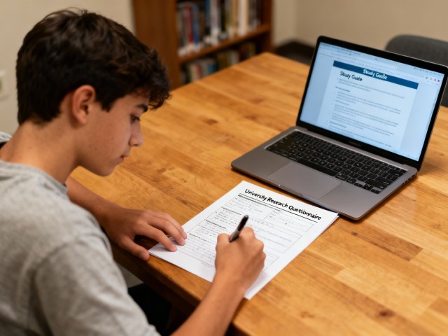 estudante digitando trabalho acadêmico e anotando referências no notebook (metodologia científica)